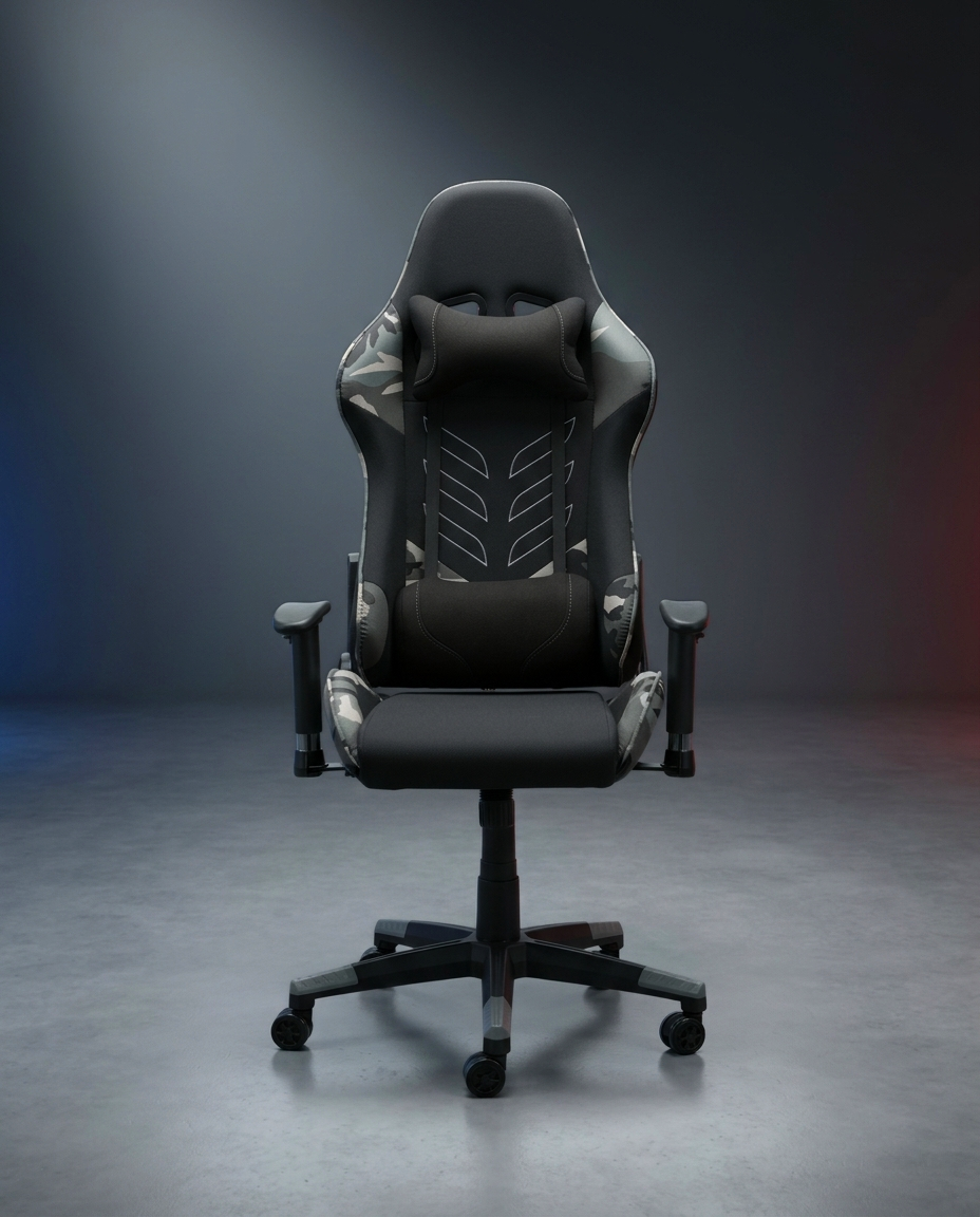 Master ergonomic gaming chair in camo fabric with adjustable armrests and lumbar support