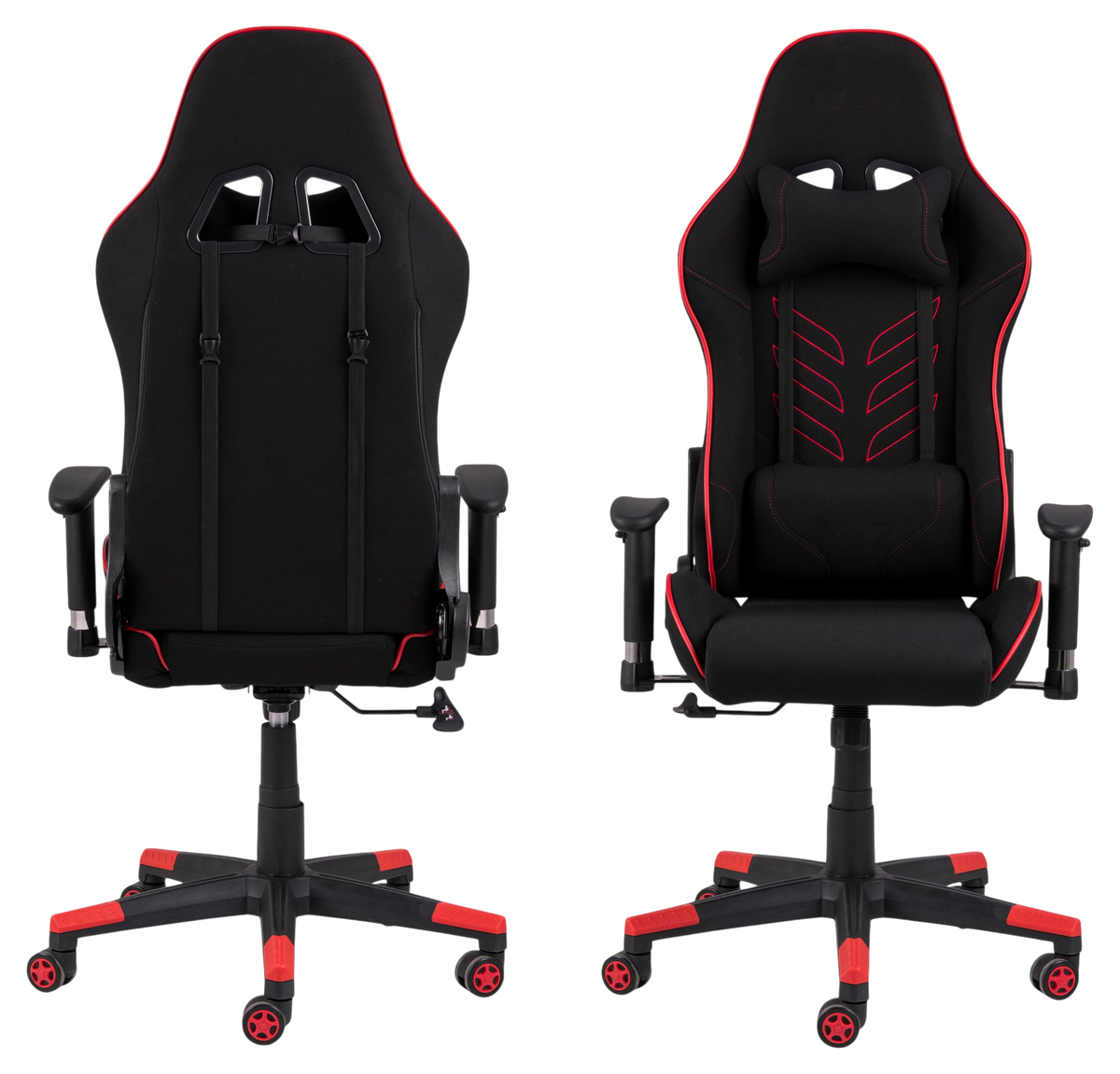 Master ergonomic gaming chair in black and red fabric with adjustable armrests and lumbar support
