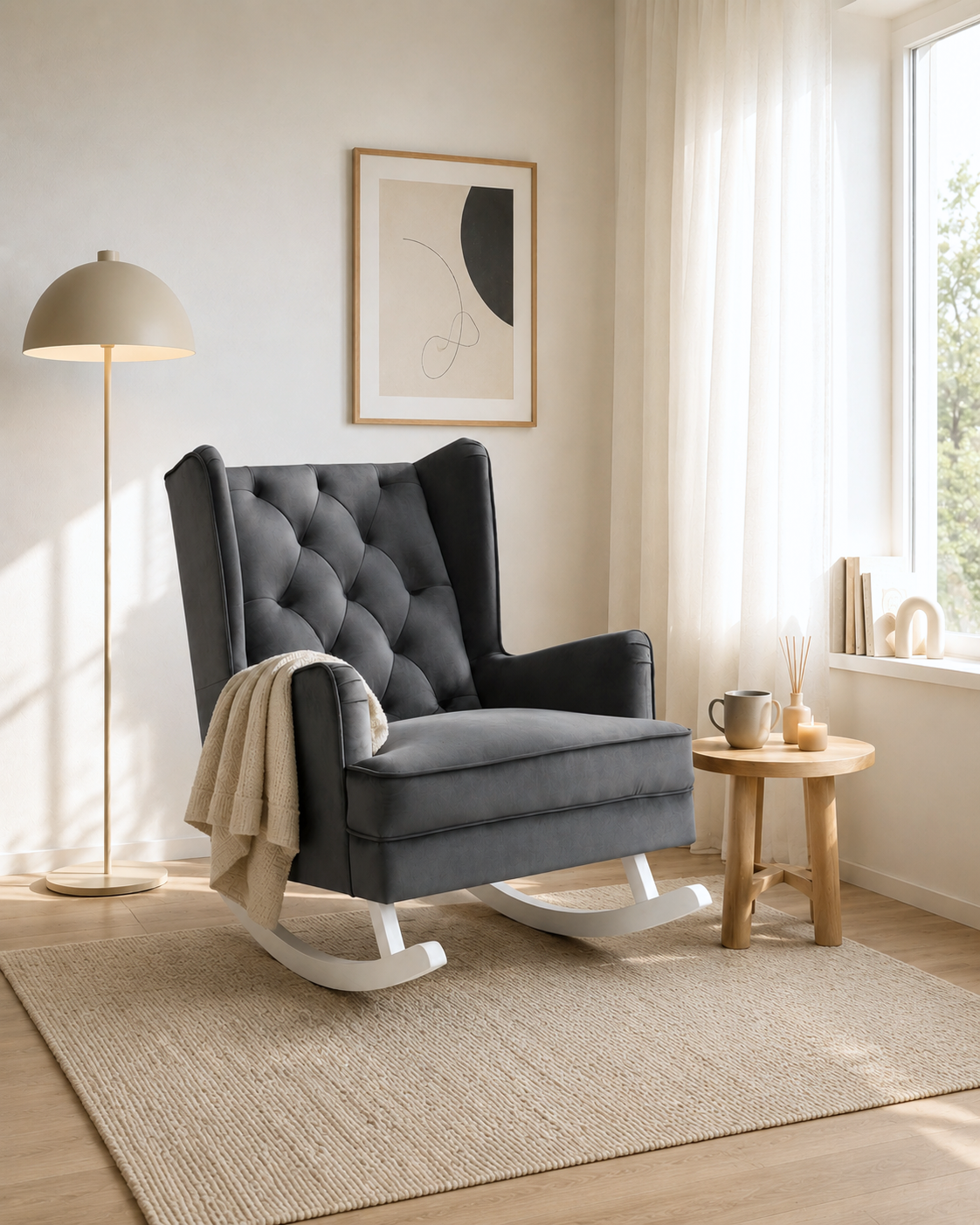 Breeze Grey convertible rocking chair and accent chair with tufted backrest