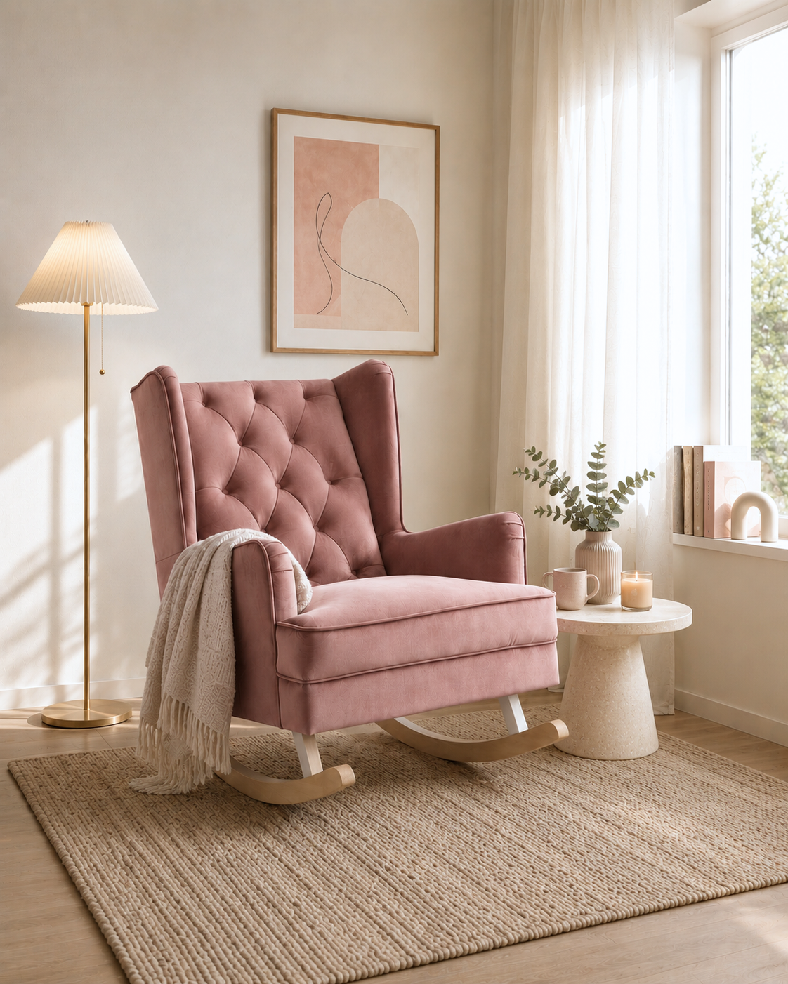 Breeze dusty pink convertible rocking chair and accent chair with tufted backrest