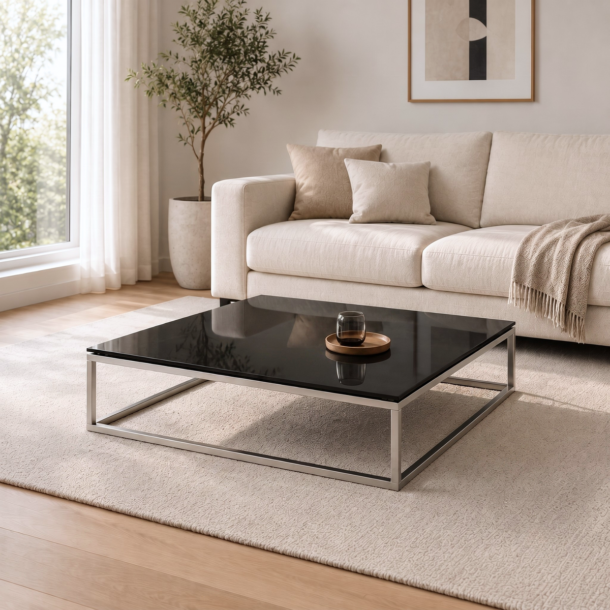 Bonte black glass coffee table with silver metal frame