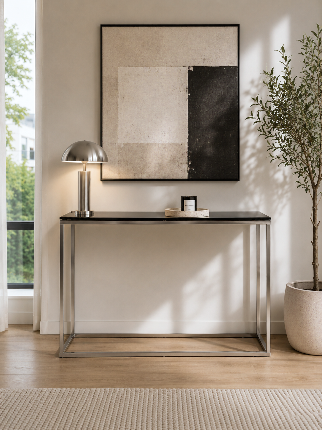 Bonte black glass console table with silver metal frame