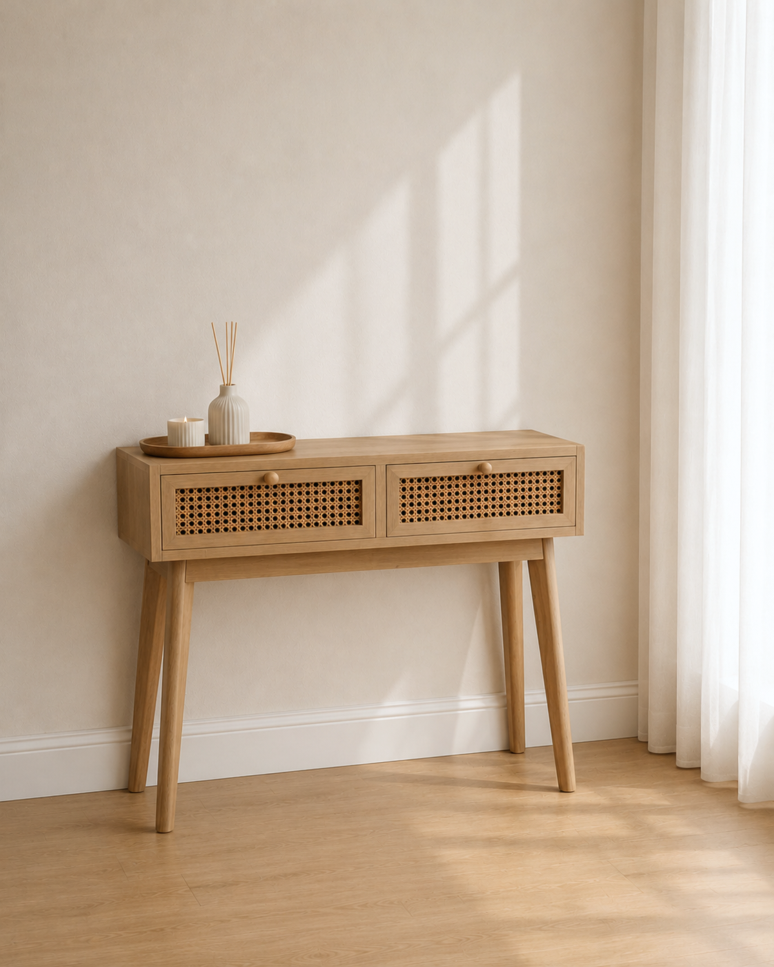 Coast hall table with natural timber finish and woven rattan drawers