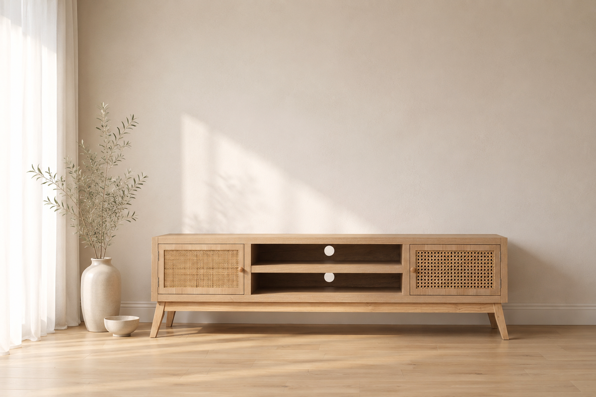Cairns TV unit with natural timber finish and woven rattan doors