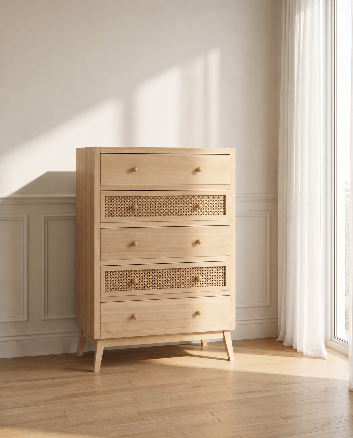 Coast five drawer timber tallboy with woven rattan drawer fronts