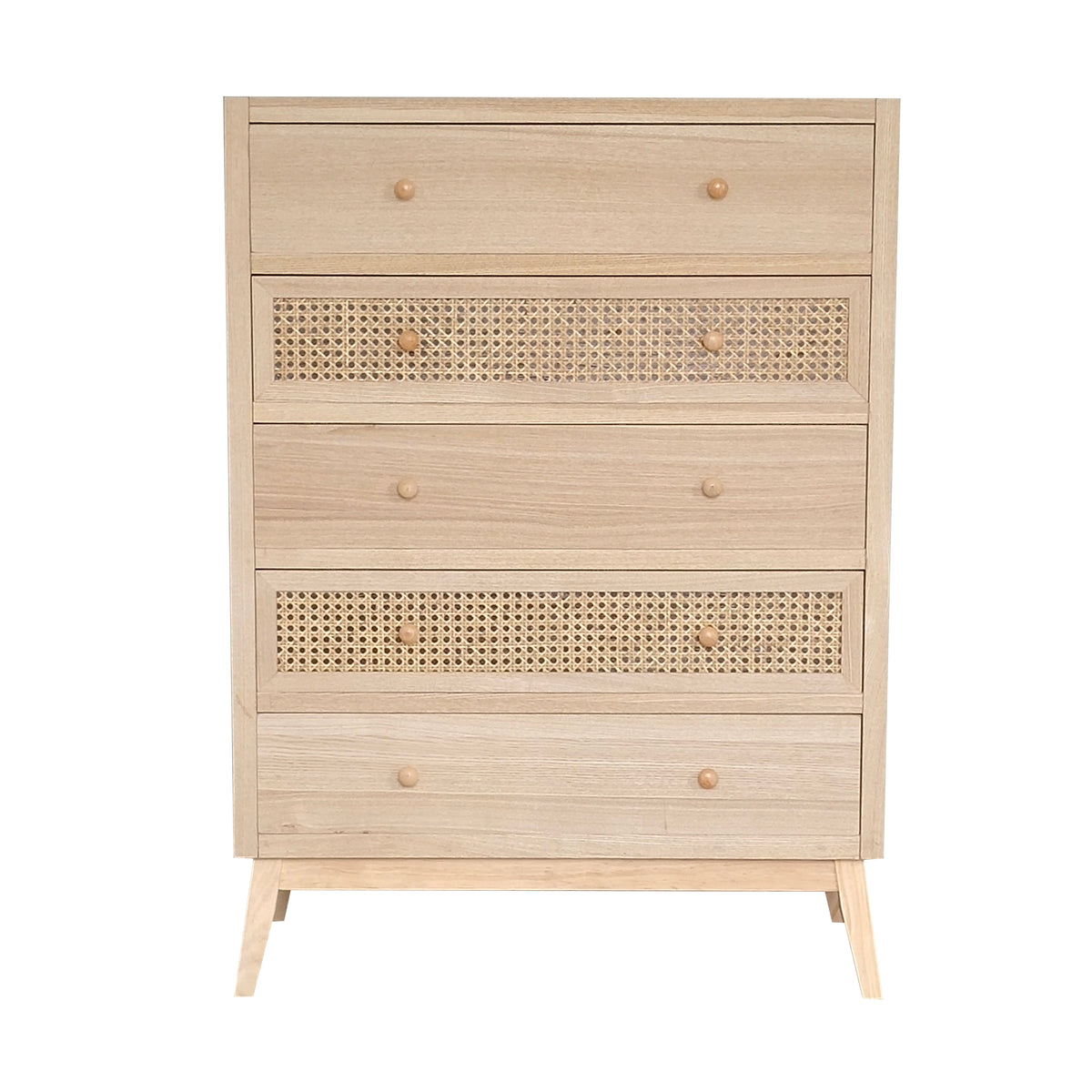 Coast five drawer timber tallboy with woven rattan drawer fronts