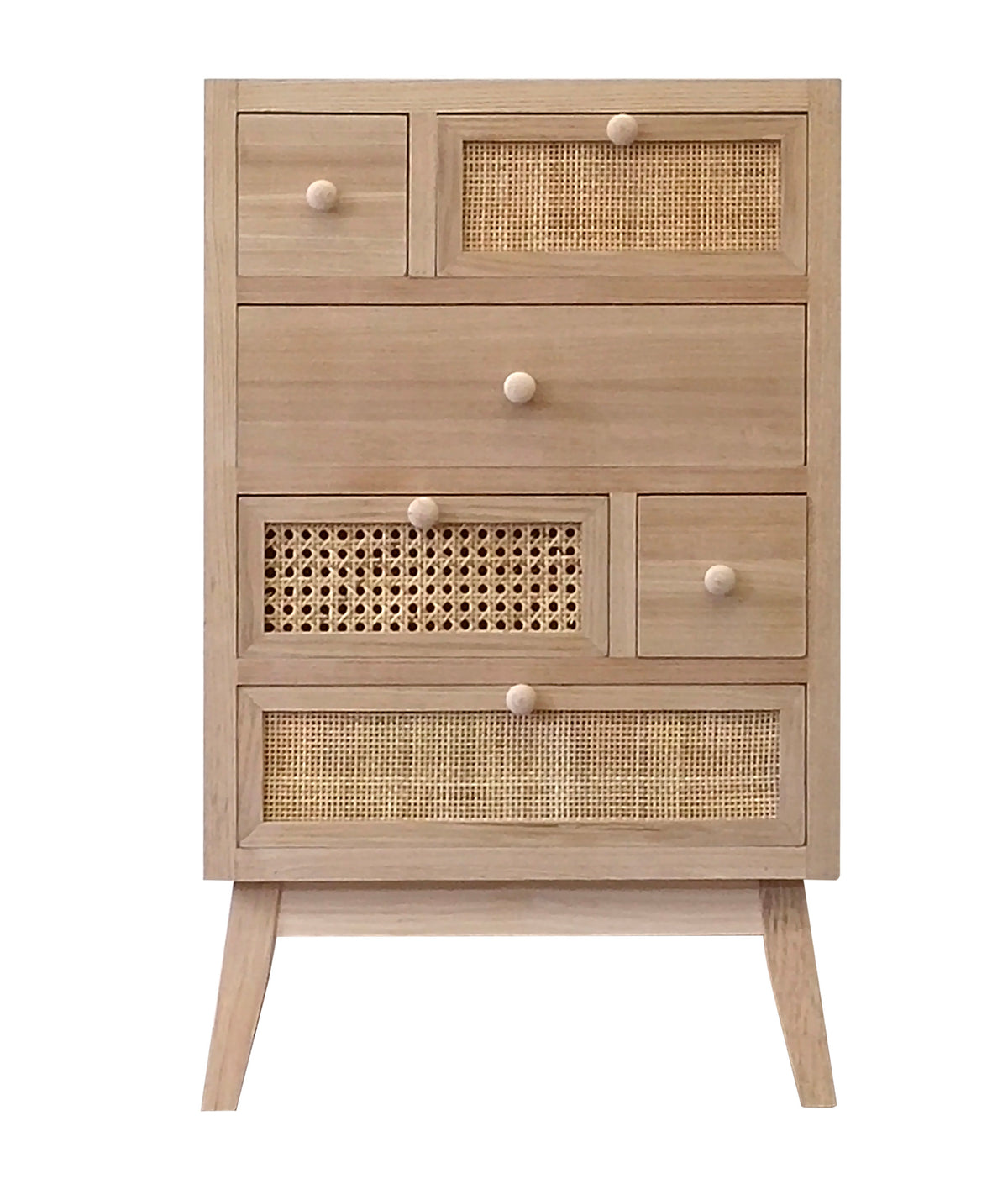 Coast 6 drawer chest with natural timber finish and rattan drawers
