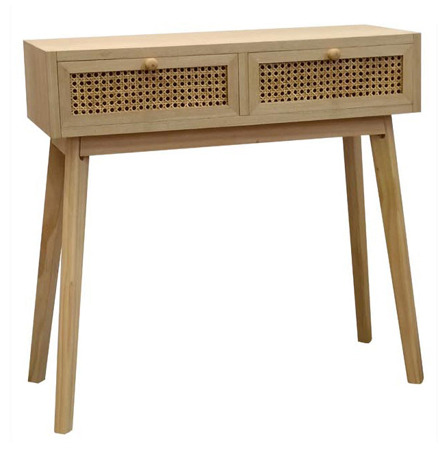 Coast hall table with natural timber finish and woven rattan drawers