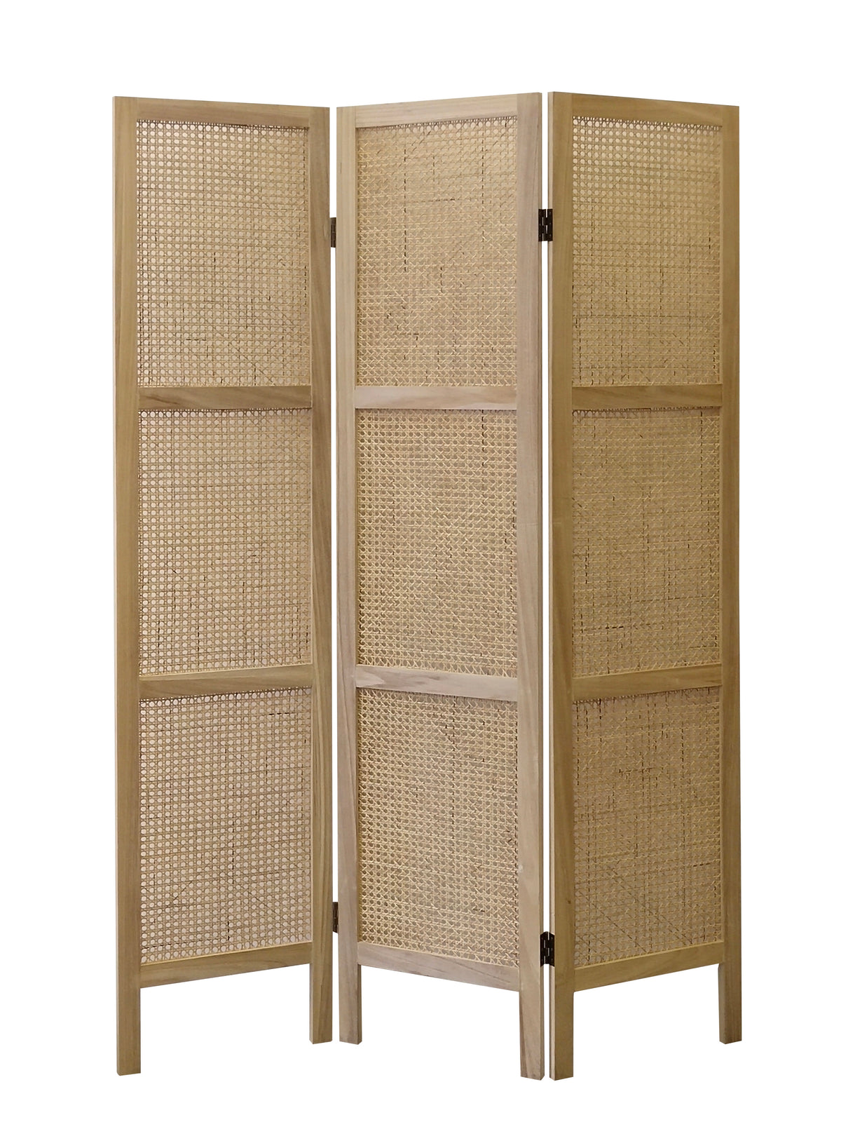 Coast three panel timber room divider with woven rattan panels