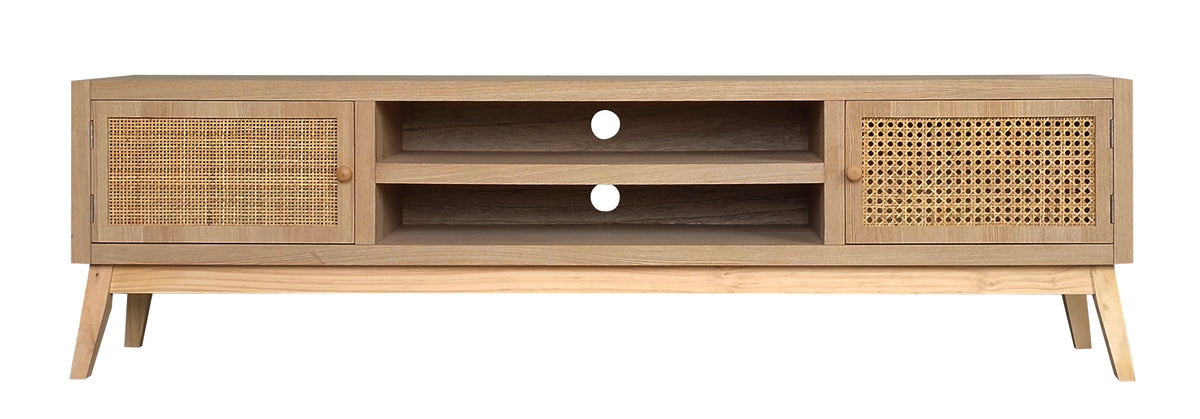 Cairns TV unit with natural timber finish and woven rattan doors