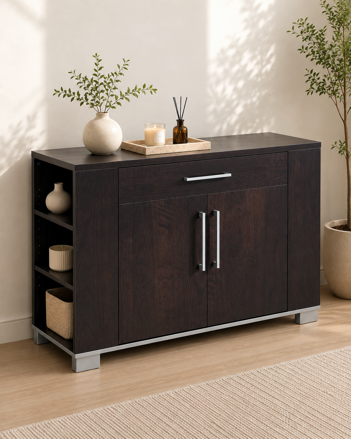 Como buffet cabinet with drawer and open side shelves